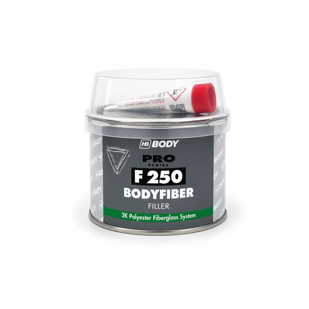 Кит със стъклени влакна HB Body F250 BodyFiber – 2K полиестерен кит за дупки, кухини и корозирали участъци 250гр.